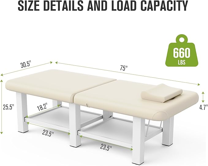 pouseayar Stationary Massage Table Folding Bed with Backrest for Treatment Table Physical Therapy Table Spa Facial Bed, Metal Frame PU Leather, 30.5'' Wide × 75'' Long - Beige Gray