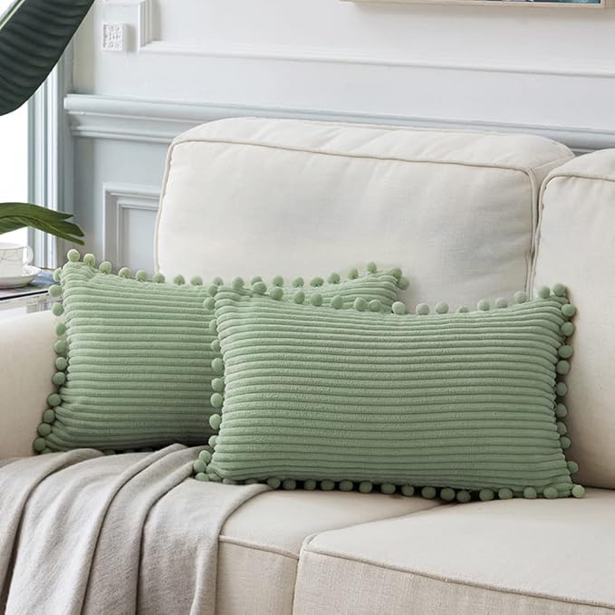 Fancy Homi 2 Pack Sage Green Lumbar Decorative Throw Pillow Covers 12x24 Inch with Pom-poms for Couch Bedroom Sofa, Farmhouse Boho Home Decor, Soft Corduroy Solid Rectangle Cushion Case 30x60 cm