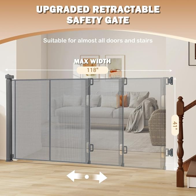 SMONTER Extra Wide Retractable Dog Gates, Mesh Baby Gate with Support Rods Extend to 118" Wide 44" Tall, Portable Safety Retractable Gate for Stairs, Indoor/Outdoor, Gray
