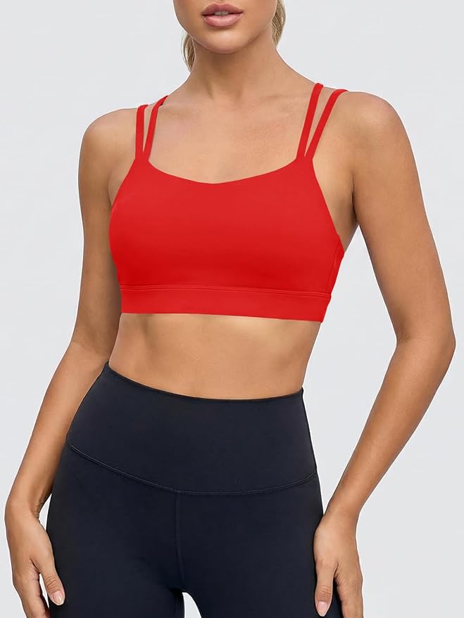 Aoysky Sports Bras for Women Buttery Soft Strappy Padded Sports Bra Double Spaghetti Straps Wireless Yoga Workout Crop Tops