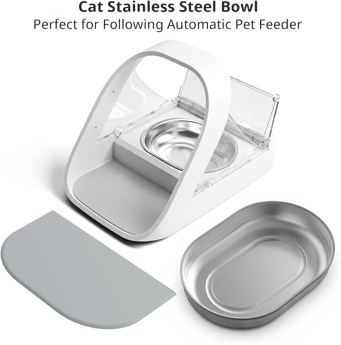 Stainless Steel Bowl Set for Automatic Microchip Cat Feeder, SUS 304 Grade, Sealing Ring to Keep Food Fresh & Reduce Odor, Easy to Clean, Includes 2 Bowls & 1 Mat