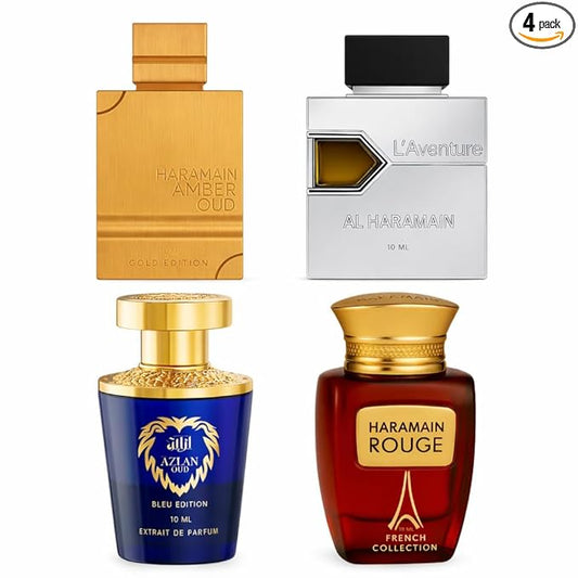 Al Haramain Fragrance Discovery Set for Men & Women – 4×10ml Each, (Amber Oud Gold Edition + L'aventure + Azlan Oud Amber Edition + Blanche)
