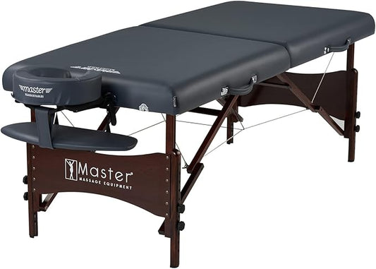 Master Massage Newport Portable Massage Table Package with Denser 2.5" Cushion, Walnut Stained Hardwood, Steel Support Cables, Pillows & Accessories, Royal Blue, 30"