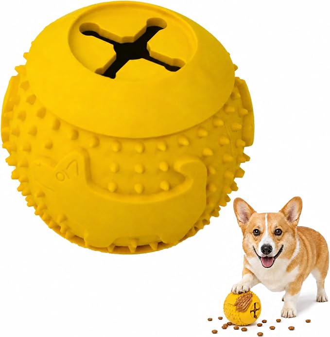 Deeow Rubber Dog Chew Toy Ball, Puzzle Feeder Pet Toy -3'' Yellow | Teething Puzzle Feeder Ball, Treat Dispenser Chew Toy, Rolling Rubber Dog Fetch Toy, Interactive Dental Care & Enrichment