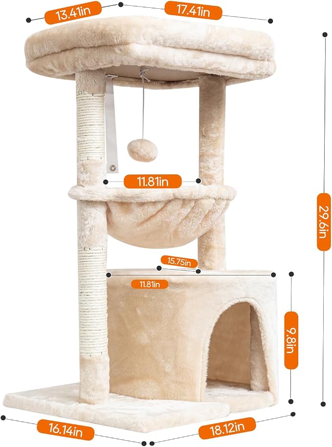 SYANDLVY Small Cat Tree for Indoor Cats, Kittens Condo with Scratching Post | Modern Activity Tower with Cradle & Hanging Ball for Play Rest, Beige