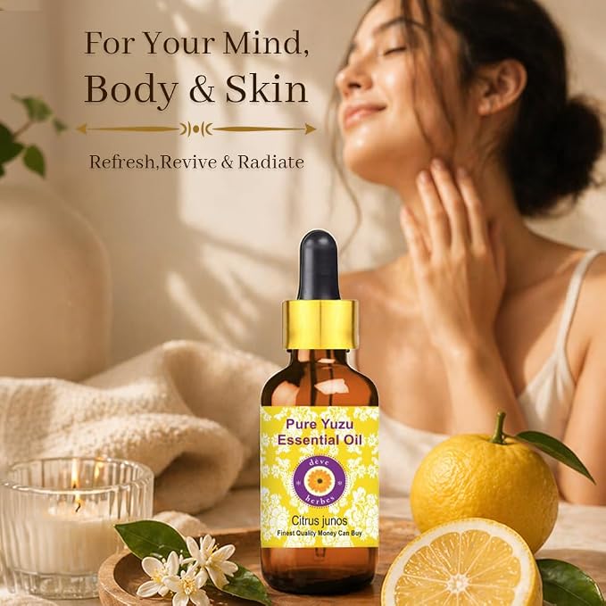 Deve Herbes Yuzu Oil (Citrus Junos) with Glass Dropper | Cold Pressed | Pure | Natural | Undiluted | For Diluting Essential oils | For Skin & Massage | Non-Sticky| Lightweight| Unisex | 15ml (0.50 oz)