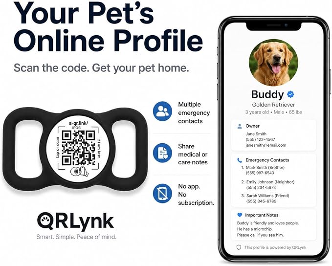Smart Pet ID Tag for Dog Collar with NFC & QR Code | Silent Silicone Holder, Waterproof & Easy Clean, No App or Subscription, Secure Horizontal Fit, Online Pet Profile