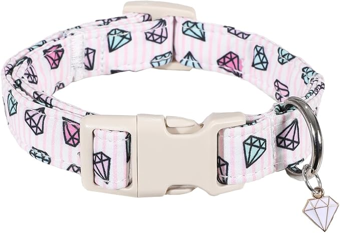 Striped Dog Collar, Girl Dog Collar with Diamond and Stripe Pattern, Adjustable Summer Cute Collar for Small Dogs, Great for Daily Walking, Outdoor Adventure & Photo Shoots, S