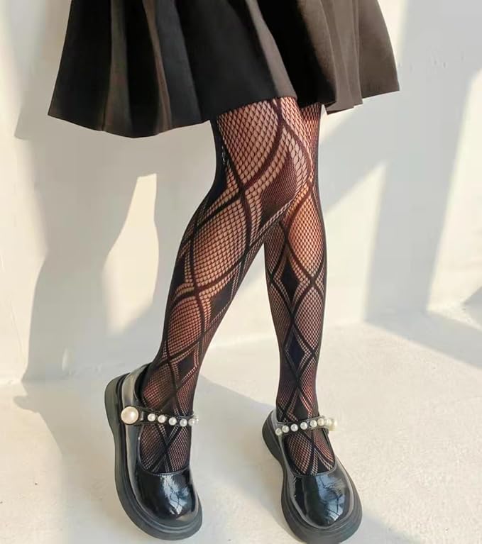 Girls Fishnet Stockings for Princess Dress High Waist Mesh Tights Cute Pattern Knit Socks