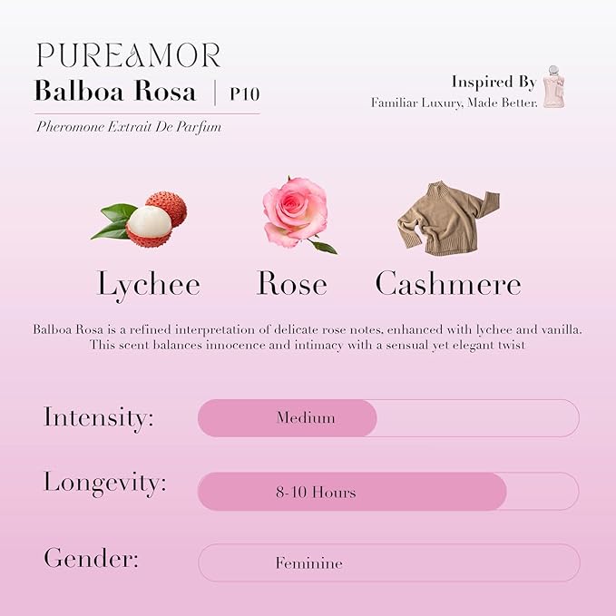 PUREAMOR Pheromone Perfume for Women, Balboa Rosa Extrait de Parfum Spray – Romantic Floral Scent with Rose, Lychee & Cashmere, Long Lasting Fragrance, 1.0 oz / 30 ml