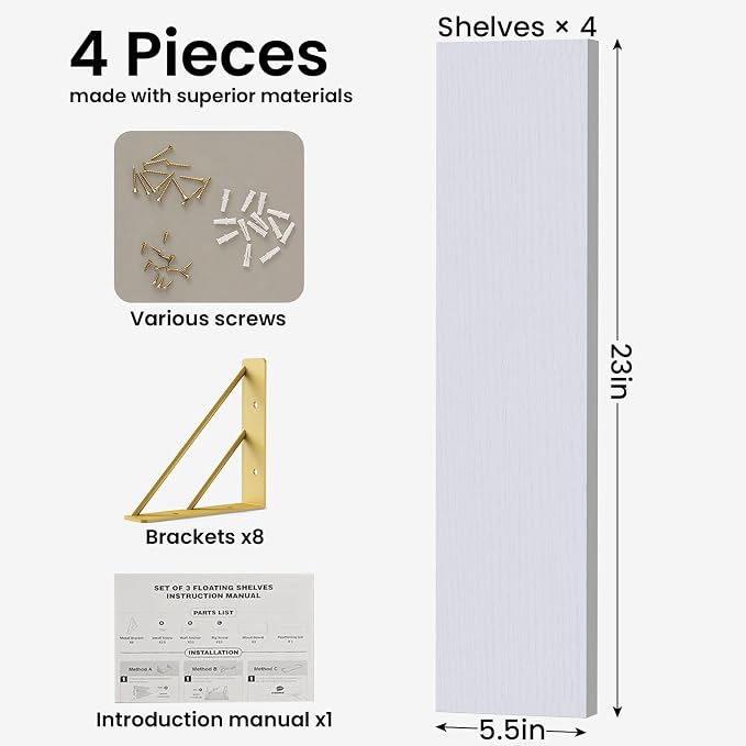BAYKA Wall Shelves for Bedroom Decor, Floating Wall Shelf for Living Room Kitchen Storage, Mounted Rustic Wood Shelves for Kids Books, Corner Shelf for Bathroom(White and Gold，23in，Set of 4)