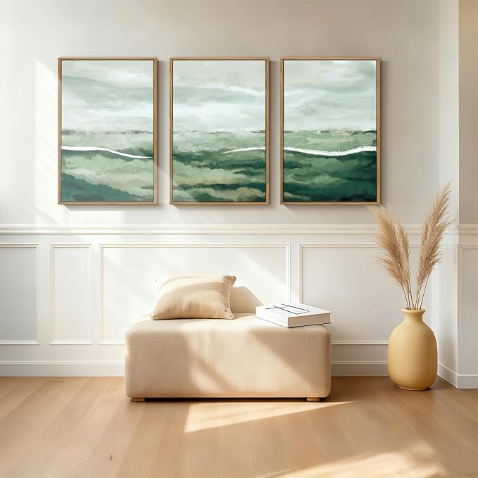 ANHUIB Large Green Abstract Framed Wall Art Set of 3 Sage Green Landscape Canvas Wall Decor 24x36 InchBeige Neutral Watercolor Lake Textured Illustrations Painting for Living Room Bedroom Dining Room
