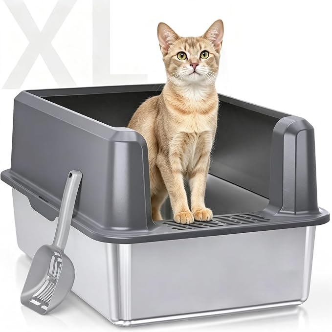 Stainless Steel Litter Box, Open Top High Sided Cat Litter Box for Big Cat | XL, 1 Scoop, Anti-Urine Leakage, Non-Stick Odor-Free, Easy Clean, High Sides Block Spray, Reduce Litter Tracking, Durable