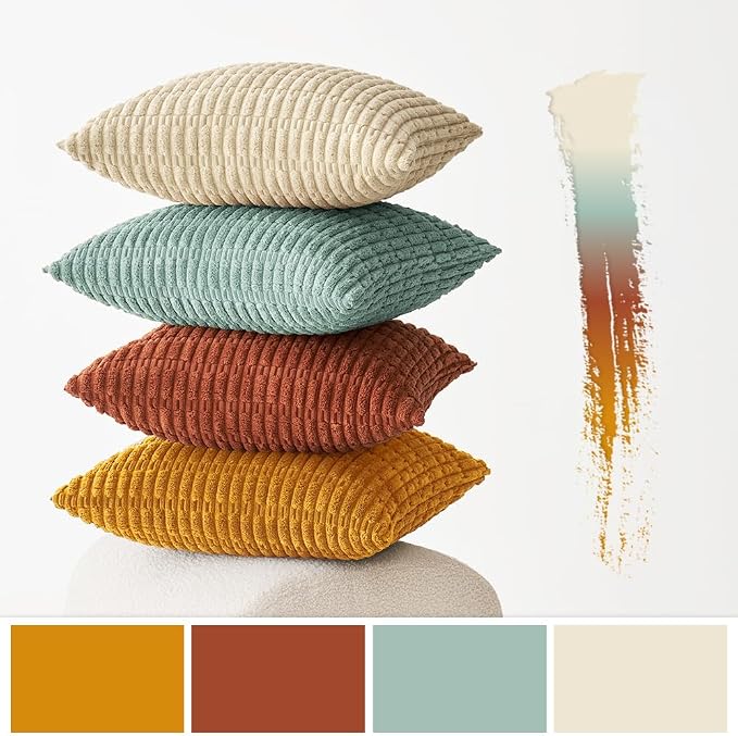 MIULEE Pack of 4 Corduroy Decorative Throw Pillow Covers 18x18 Orange Teal | Neutral Rustic Farmhouse Boho Soft Striped Pillow Covers,Home Decor for Sofa,Living Room,Couch,Bed