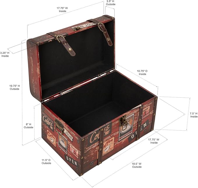 Household Essentials Medium Decorative Storage Trunk Faux Decoupage with Leather and Metal Accents, Antique Brown