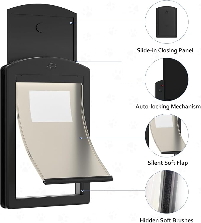 [Classicmacher] Dog Door for Large Dogs, Black Frame Door for L arge Dogs, Strong Plastic Doggy Door and L arge Pets with Sliding Lock Panel and Magnetic Soft Flap (Large,Black)