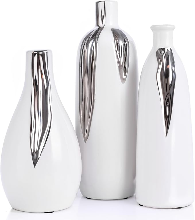 White and Silver Vase Set of 3, Modern Ceramic Decorative Vases for Living Room, Bedroom, Art Decor, Mantle, Home Event Decor, Office Decorative, Weddings, Rustic & Farmhouse (White Silver)