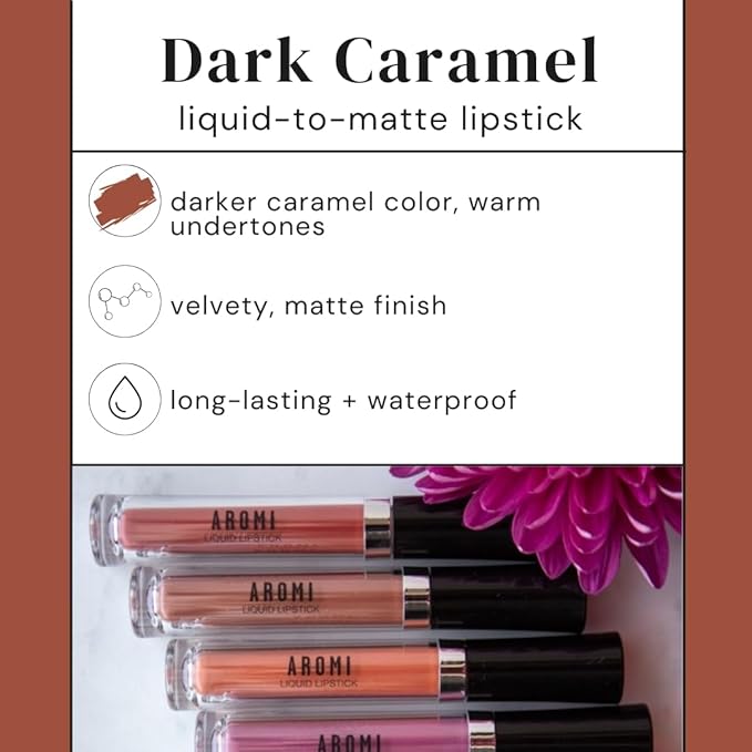 Aromi Matte Liquid Lipstick | Brown Nutmeg Lip Color, Long-lasting, Smudge, Smear, + Transfer Proof, Paraben, Phthalate, + Gluten Free, Vegan (Dark Caramel)