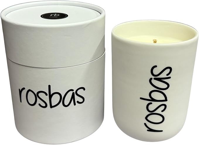 rosbas Cinnamon Vanilla Soy Wax Candle - 8 oz in Ceramic Jar – Clean Burning, Long Lasting, Boxed, Home Fragrance, White, Made in USA