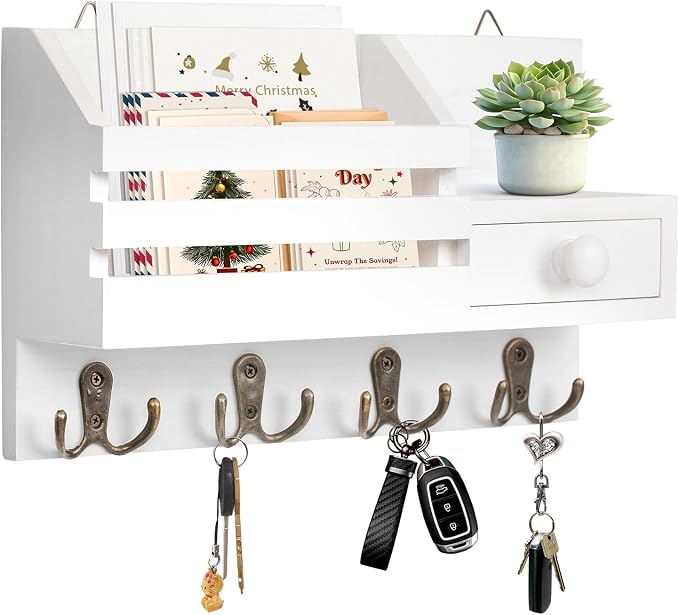 Key Holder Wall Mount, Wooden Key and Mail Organizer, White | 2 Mount Options, Includes 8 Hooks, Fence Mail Slot, Small Drawer and Shelf, for Entryway, Hallway, Doorway, Living Room, RV