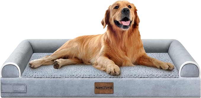 Orthopedic Dog Bed for X-Large Dogs, 40 x 32 Inch, Light Grey | Egg crate foam for joint support, 3-sided bolster pet sofa, waterproof lining, washable cover, and non-skid base