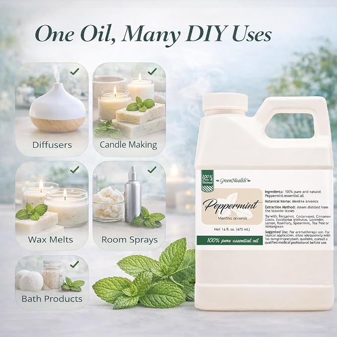 GreenHealth Peppermint Essential Oil 16 fl oz (473 mL) - 100% Pure Mentha Arvensis Oil for Diffusers, Candle Making, Soap Making, DIY Blends, Home Fragrance
