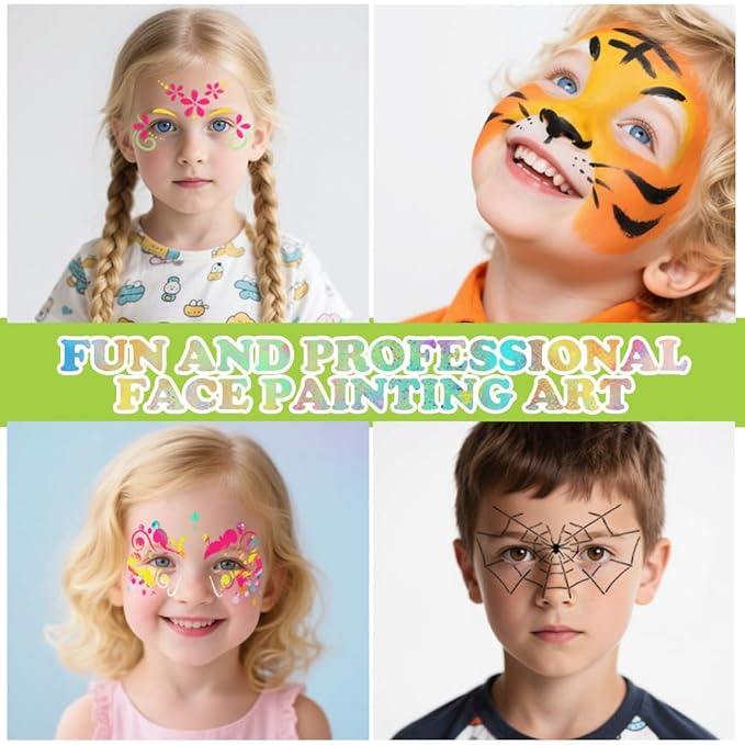 Face Painting Kit for Kids, 42 Colors Water Based Face Paint, 16 Crayons, 8 Reusable Stencils and 32 Sticky Stencils, 10 Brushes, 2 Gem Sheets, Professional Face Painting Kit for Parties Halloween