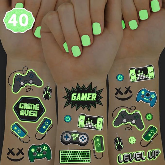 xo, Fetti Video Game Party Supplies Temporary Tattoos - 40 Glow in the Dark Styles | Videogame Birthday Favors, Decorations, Controller, Computer Keyboard, Gamer, Arcade