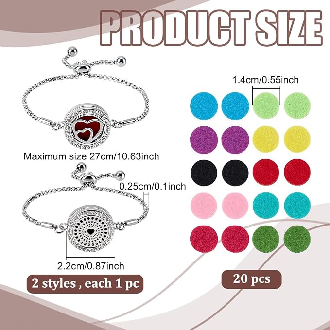 WEBEEDY 2 Styles Essential Oil Diffuser Bracelet Set with 20 Refill Pads for Women, Stainless Steel Adjustable Aromatherapy Locket Bracelet for Birthday Scent Jewelry Gifts