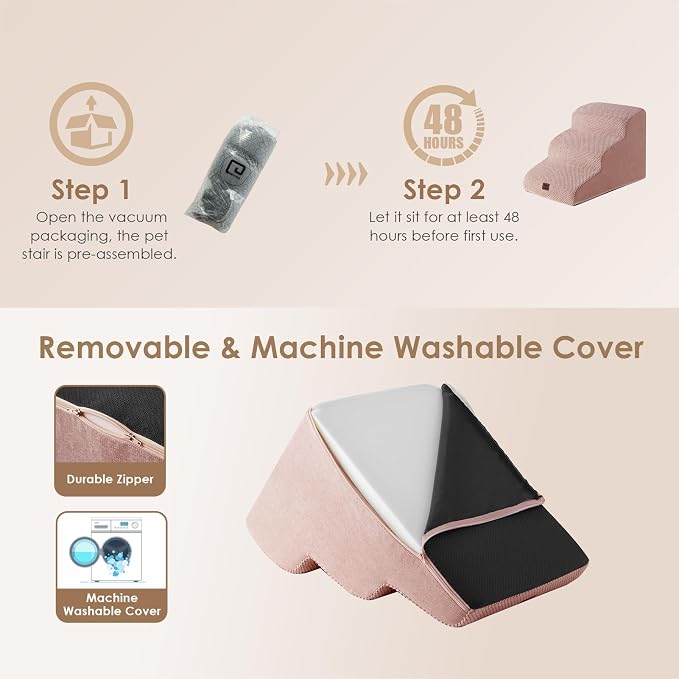 EHEYCIGA Curved Dog Stairs Ramp, 3-Step Dog Steps, 15.7" H Pet Step | 33D density of pure foam, for Small Dogs and Cats, Pet Stairs for High Bed Climbing, Non-Slip Balanced Indoor, Dusty Pink