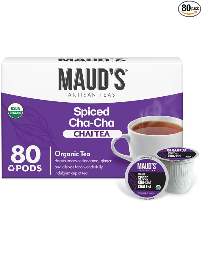 Maud's Organic Chai Tea Pods, 80 ct, Single Serve Tea Pods – 100% Gourmet Blended Tea Leaves, Compatible with Keurig K Cups Maker