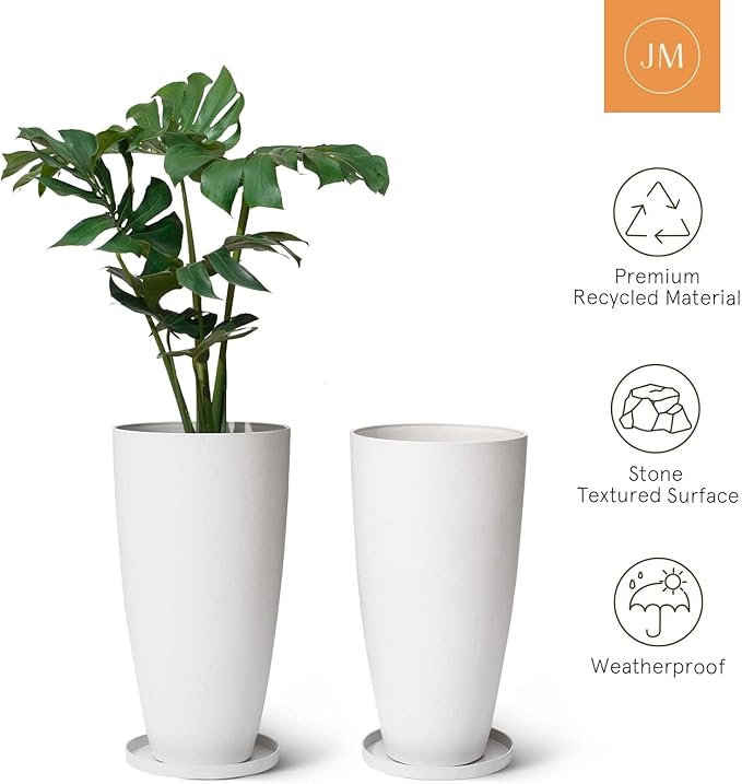 LA Jolie Muse Tall White Planters Set of 2,20 Inch Indoor/Outdoor Round Planters with Shelf Inset,Modern Large Planters with Drainage Holes for Front Door,Balcony and Patio Deck | Set of 2, Large Flower Pots with Drainage Holes and Tray, Modern Planter...