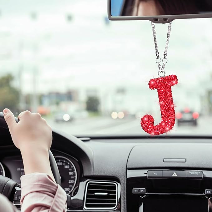 Car Rear View Mirror Ornament Hanging Lucky Crystal Pendant Red Bling Car Accessories for Women Rhinestone Charm Auto Decoration (Red,J)