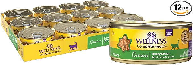 Wellness Complete Health Gravies Adult Canned Wet Cat Food, Natural, Protein Rich, Grain Free, Turkey Dinner Recipe, 5.5 oz, Pack of 12 Cans