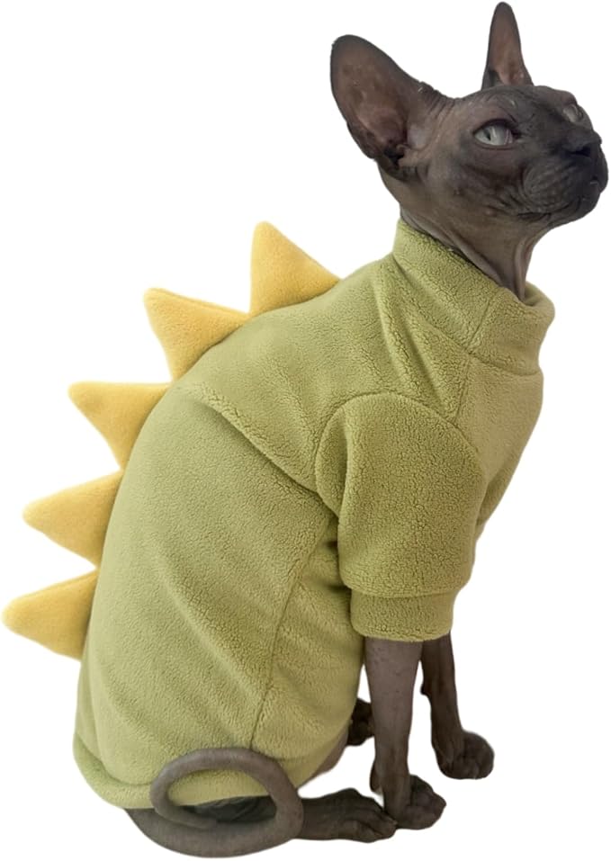 Green Dinosaur Sphynx Cat Clothes Sweater Hairless Cat Apparel | Soft, Elastic, Warm Polar Fleece,Winter Warm Outfit, Cute Dinosaur