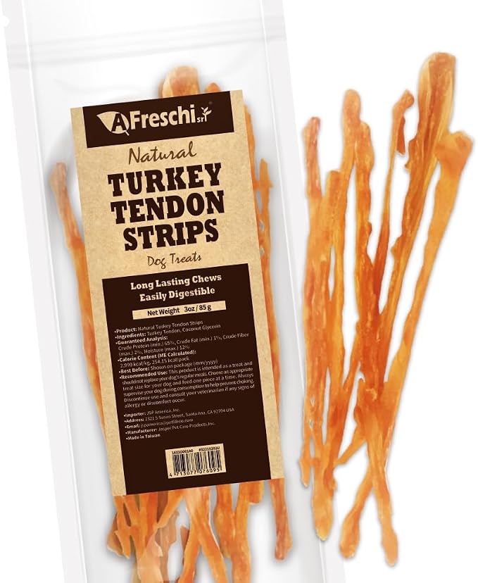 A Freschi srl Turkey Tendons for Dogs, USA-Sourced Human Grade, Rawhide-Free Long-Lasting Puppy Chews, All Natural Hypoallergenic Dog Treats for Small Breeds, Strips, 3oz Pack