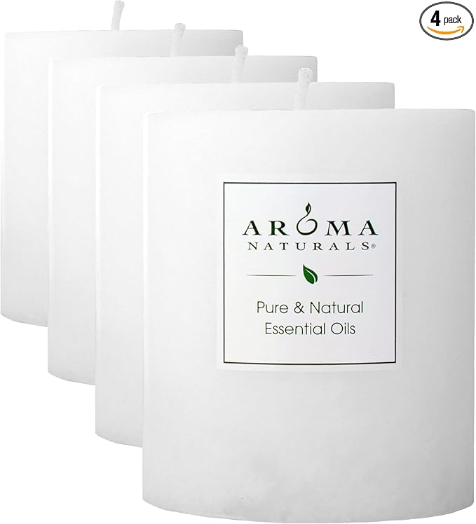 Aroma Naturals Patchouli and Frankincense Essential Oil White Scented Pillar Candle, Meditation, 3 inch x 3.5 inch (Pack of 4)
