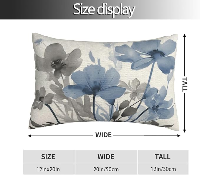 Spring Floral Pillow Covers 12x20 Inches Set of 2 Gray Blue Floral Throw Pillow Covers Outdoor Rustic Summer Flower Decoration Pillowcase Farmhouse Decorative Lumbar Cushion Cover For Home Sofa
