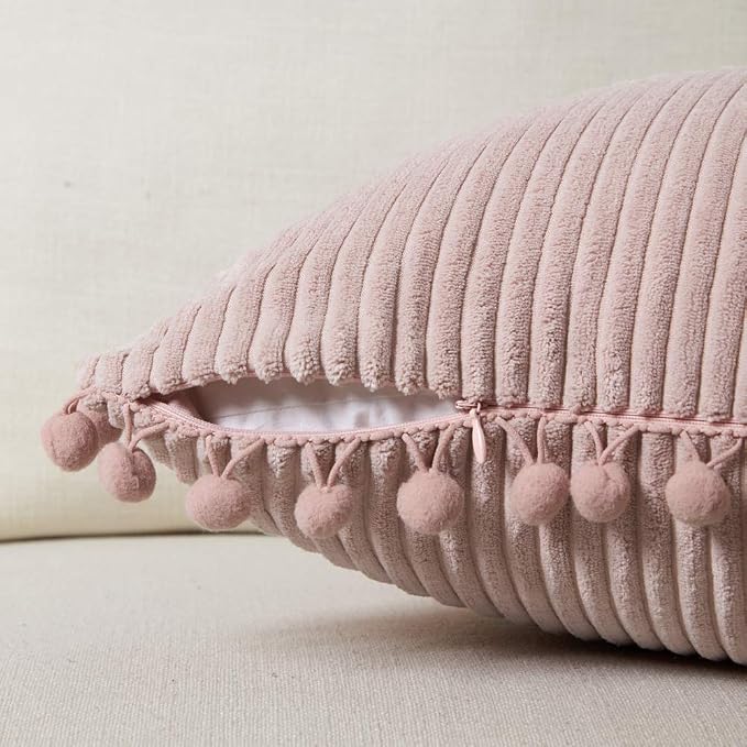 Fancy Homi 2 Pack Blush Pink Lumbar Decorative Throw Pillow Covers 14x24 Inch with Pom-poms for Couch Bedroom Sofa, Farmhouse Boho Home Decor, Soft Corduroy Solid Rectangle Cushion Case 35x60 cm