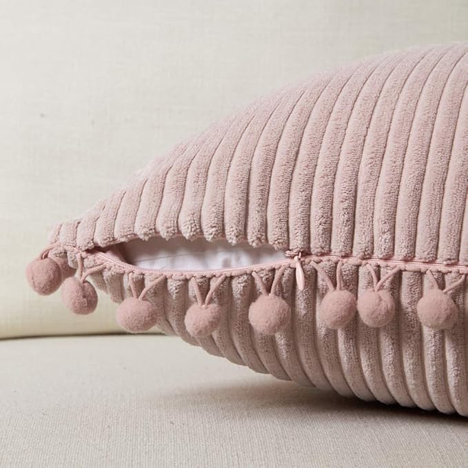 Fancy Homi Pack of 2 Boho Rectangle Decorative Throw Pillow Covers with Pom-poms, Soft Corduroy Accent Solid Cushion Case Set for Couch Sofa Bedroom Car Living Room (12x20 Inch/30x50 cm, Blush Pink)