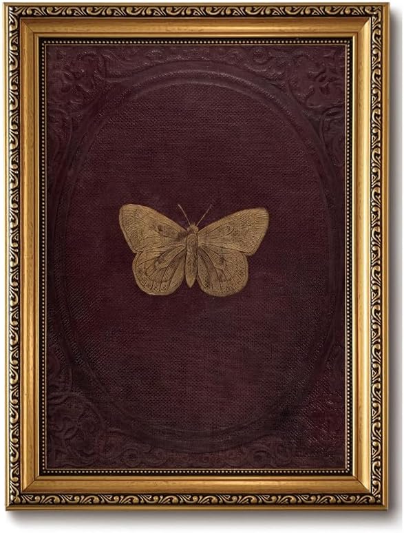 ZLPLLHA Vintage Gold Framed Wall Art Butterfly Wall Decor Moody Canvas Art Insect Pictures Victorian Paintings Burgundy Artwork for Bedroom Living Room