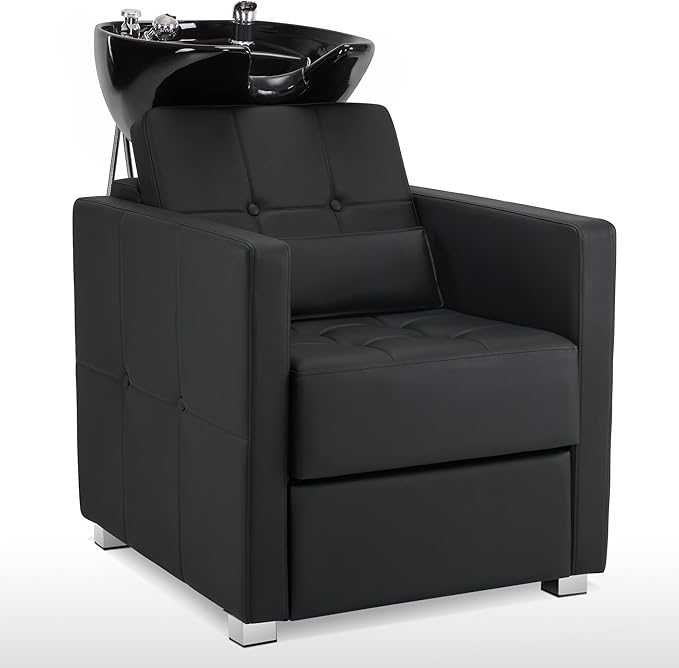 BarberPub Backwash Shampoo Station Chair, Adjustable Porcelain Ceramic Hair Wash Bowl, Vacuum Breaker, Professional Shampoo Chair and Bowl Unit for Salon and Spa 9309 (Black)