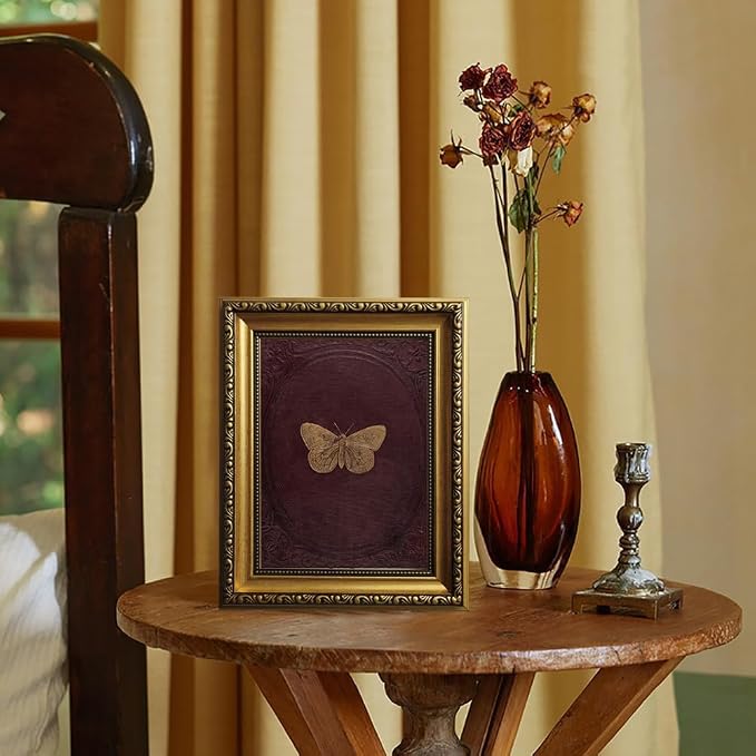 ZLPLLHA Vintage Gold Framed Wall Art Butterfly Wall Decor Moody Canvas Art Insect Pictures Victorian Paintings Burgundy Artwork for Bedroom Living Room