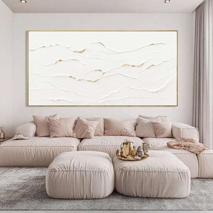 Large Framed White Abstract Gold Wall Art for Living Room 29x58 Inch