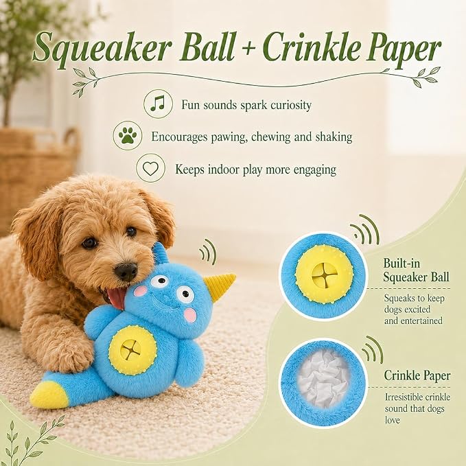 Cute Monster Plush Dog Chew Toy – Squeaky Ball, Crinkle Paper & Treat Dispenser, Washable Interactive Stuffed Toy for All Breeds, Relieves Boredom & Anxiety(Blue