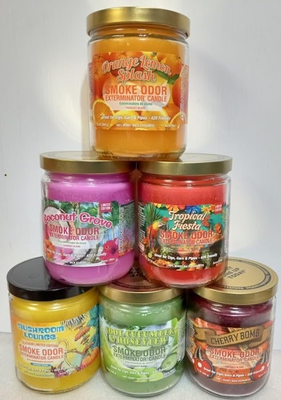 Smoke Odor Exterminator 13oz Jar of 6 Assorted Candles Orange Lemon Splash | Includes Cherry Bomb, Tropical Fiesta, Cool Cucumber & Honeydew, Coconut Grove, Mushroom Lounge