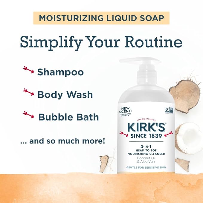 Kirk's 3-in-1 Head to Toe Nourishing Liquid Cleanser- for Men, Women & Children - Premium Coconut Oil & Aloe Vera- Non GMO & Vegan - Citrus Twist - 32 Fl Oz. - 2 Pack