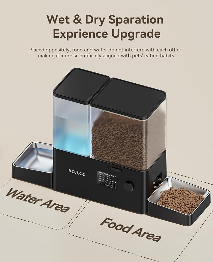 Automatic Cat Feeder & Water Dispenser,Button Customizable Feeding | 2 in 1 Feeding Drinking Water/5L Food Feeder,3.5L Water Fountain/Stainless Steel Bowls/Detachable Clean/Black