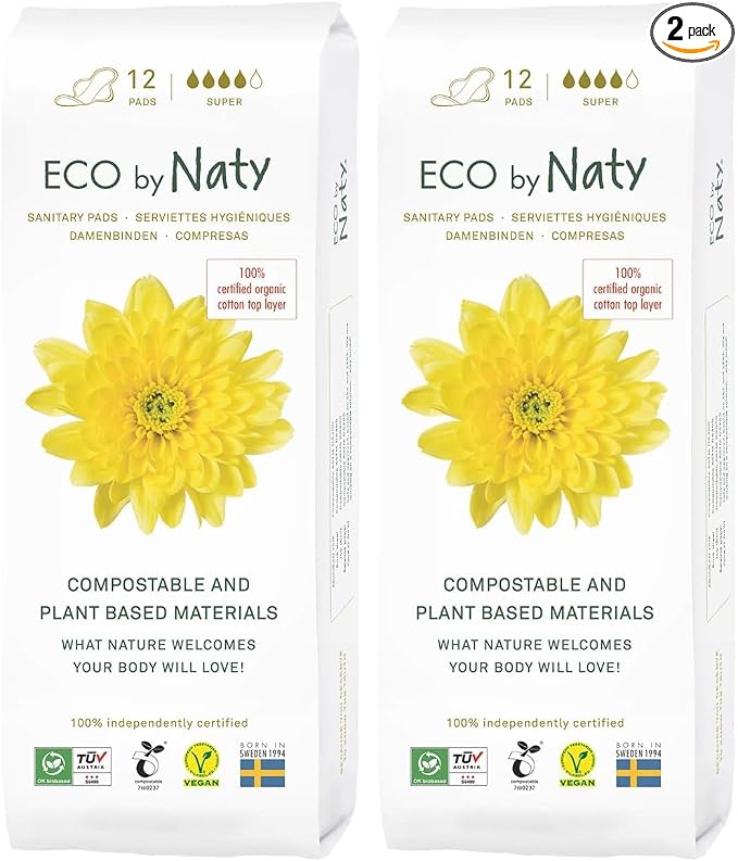 Eco by Naty Sanitary Pads – Plantbased and Absorbent Sanitary Pads for Women, Organic Cotton Menstrual Product, Better for Feminine Health (Super, 12 Count) (Pack of 2)