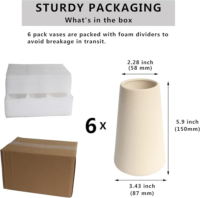 YANLING 6 Pack Light Yellow Ceramic Vase for Flowers, 6 inch Modern Vases | for Pampas Grass Simple Shelf Decor, Boho Vases for Home Decor, Wedding Dinner Table Party Office